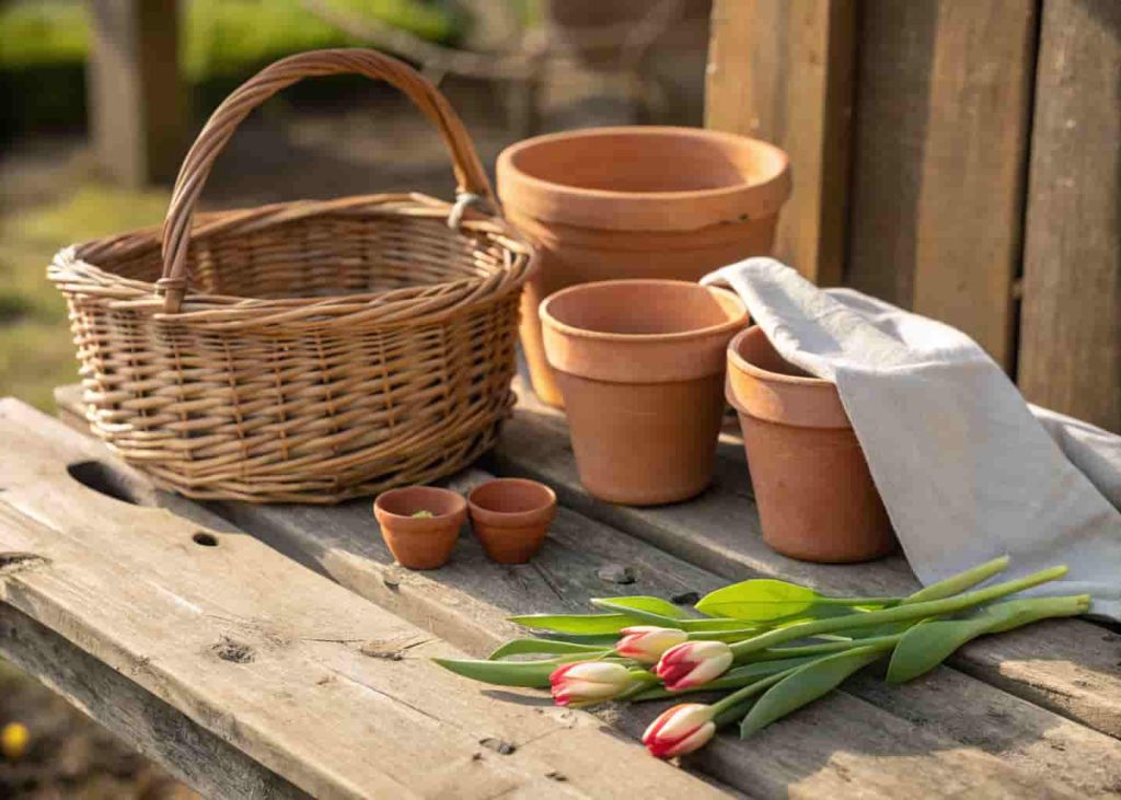 Real photo of rustic wooden surface with terracotta pots, wicker basket, linen cloth, and fresh tulip stems in warm natural light.