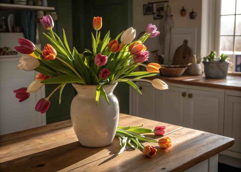 Real photo of a loose bunch of mixed tulips in a wide ceramic vase on a wooden kitchen counter in natural morning light.