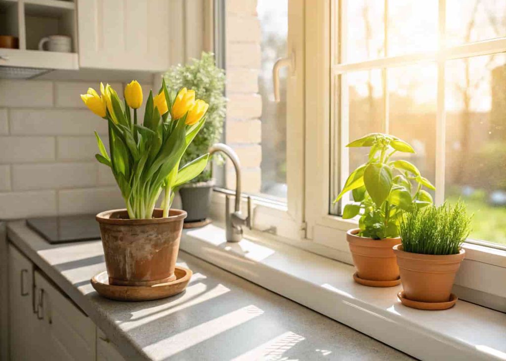 Real photo of a kitchen windowsill with a terracotta pot of yellow tulips and morning sunlight streaming through the window.