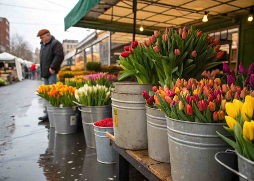 Real photo of an outdoor flower market stall in spring with bundles of fresh tulips in buckets of water and natural daylight.