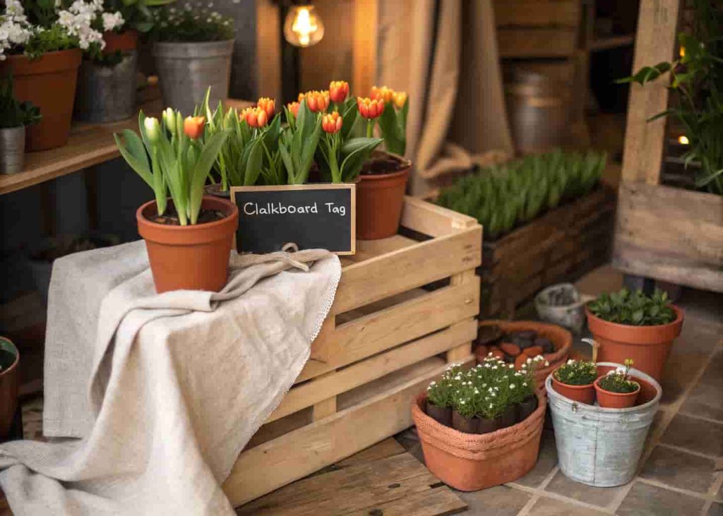 Real photo of a home corner styled with a wooden crate, terracotta pots of tulips and plants, linen fabric, and a chalkboard tag.