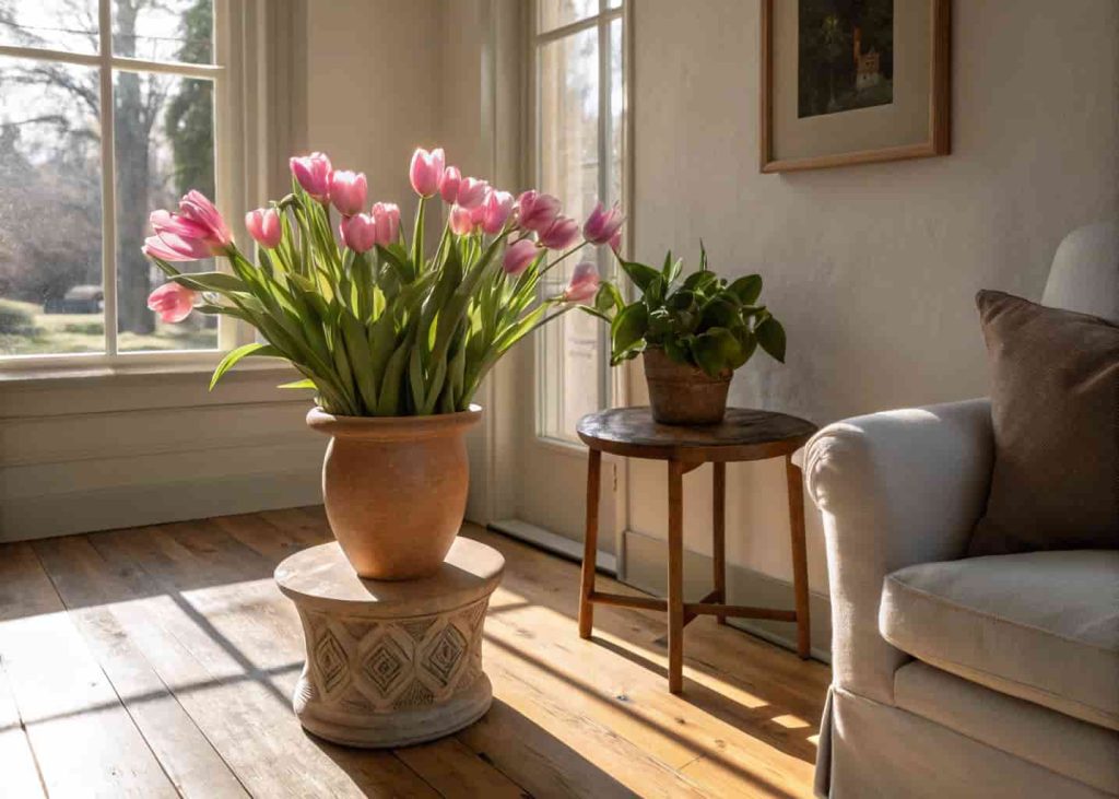 Real photo of a sunlit living room corner with pink tulips in a clay pot on a side table, wooden floors, and warm natural light.