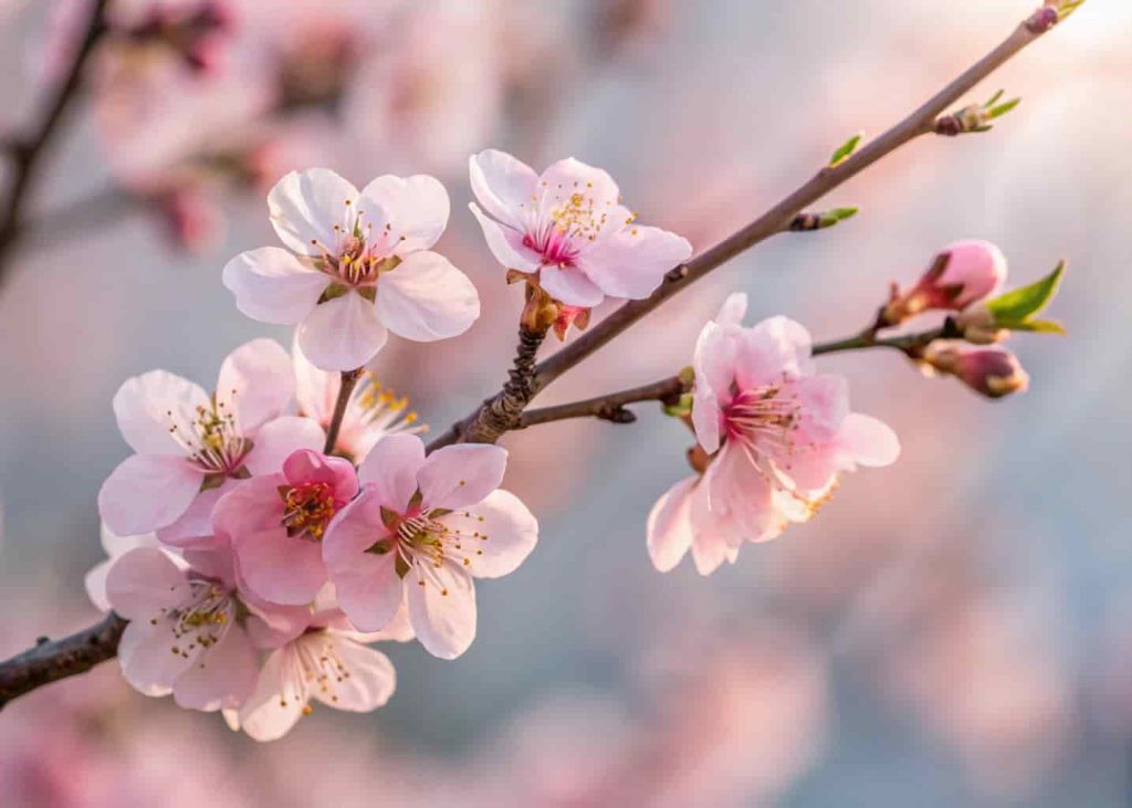 Soft pink cherry blossom flowers on a branch with dreamy blurred background in natural light