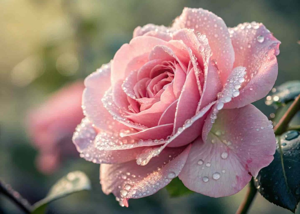  Close-up real photo of a pink rose with dewdrops, soft lighting and blurred green background