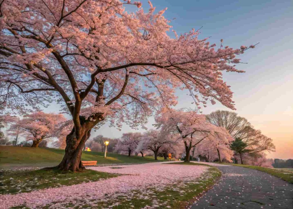 Real cherry blossom trees in full bloom with pink petals falling against a soft blue sky