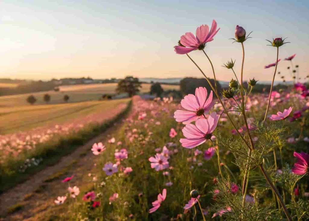  Real pink wildflower meadow with cosmos flowers in warm golden hour light, dreamy soft focus background