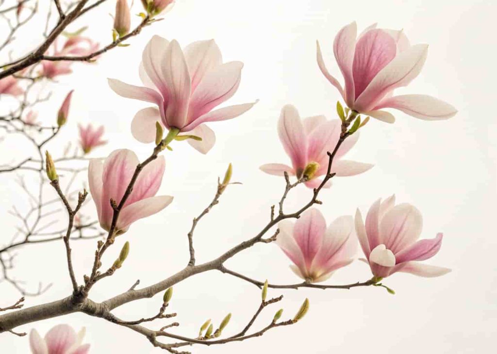 Blush pink magnolia blooms on bare branches photographed against a clean white background in soft spring light