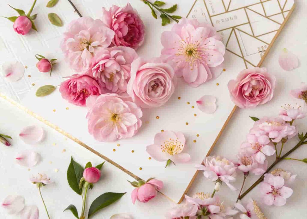 Real pink flowers including roses and peonies in a flat lay arrangement on white background for vision board aesthetic