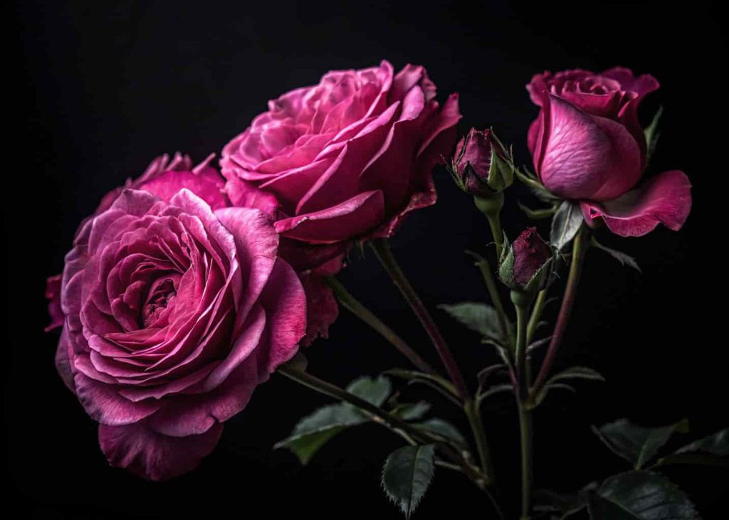 Deep pink roses dramatically lit against a dark background in a moody and luxurious floral photography style