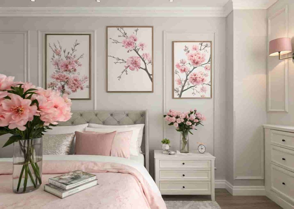 Aesthetically decorated bedroom with pink floral art prints, cherry blossom canvas, and fresh pink peonies in natural light