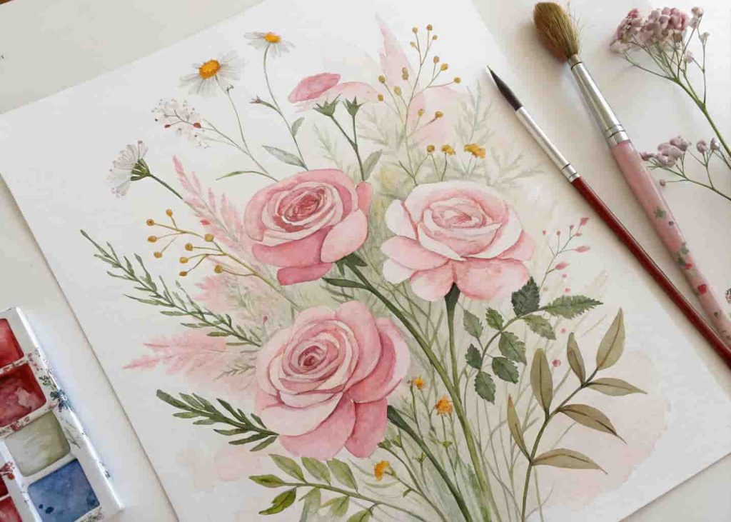 Watercolor style painting of pink roses and wildflowers with soft pastel tones and loose artistic brushwork