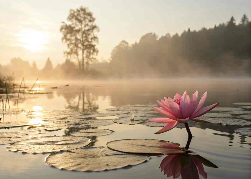 Real pink lotus flower blooming on still water with soft golden light and morning mist in a serene natural setting