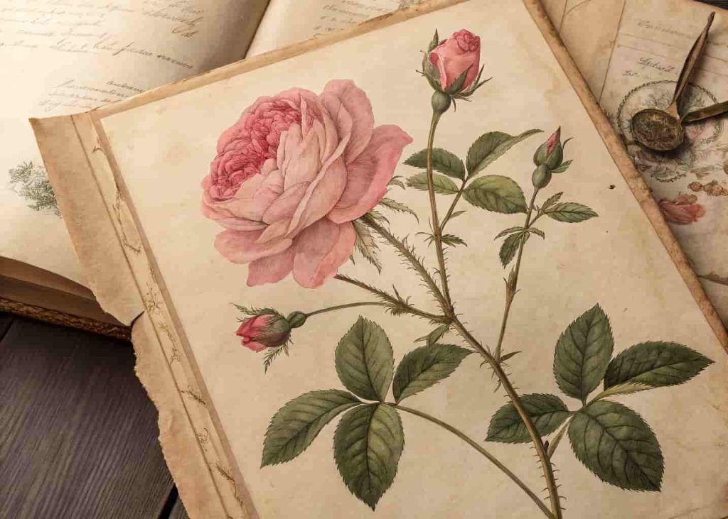  Vintage botanical style pink rose illustration with faded antique tones and aged paper texture in Victorian floral aesthetic