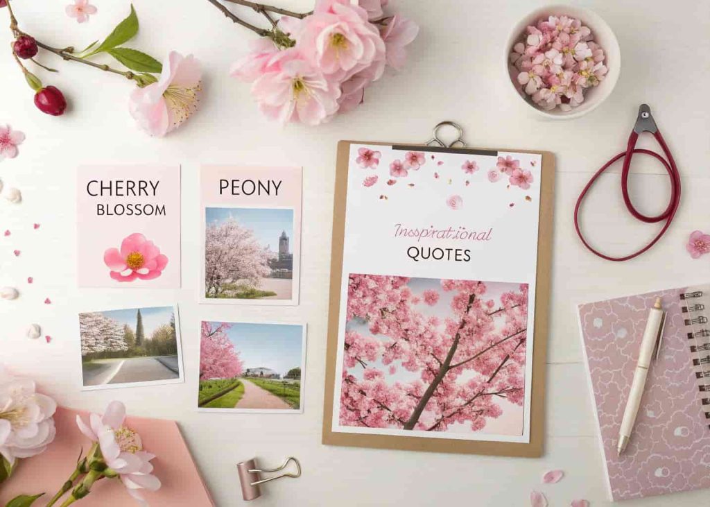 Aesthetic vision board with pink floral images including peonies and cherry blossoms, inspirational quotes and personal goal images arranged artfully