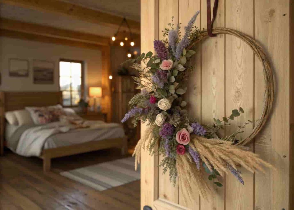 Handmade dried flower wreath with lavender and pampas grass hanging above a bedroom headboard.