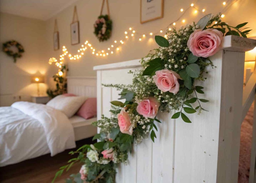 DIY flower garland with pink roses and greenery draped across a white bedroom headboard.