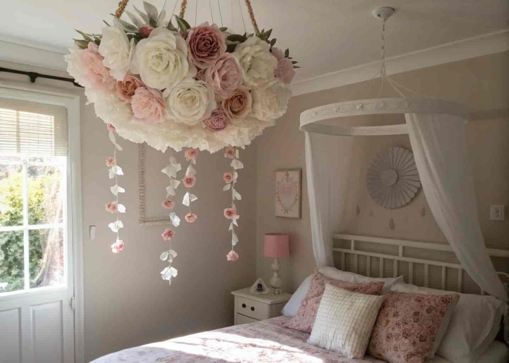 DIY hanging flower chandelier made of paper flowers in white and blush pink above a bedroom bed.