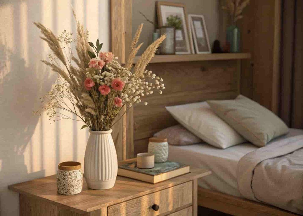A styled cluster of small vases with dried flowers on a cozy bedroom wooden shelf.