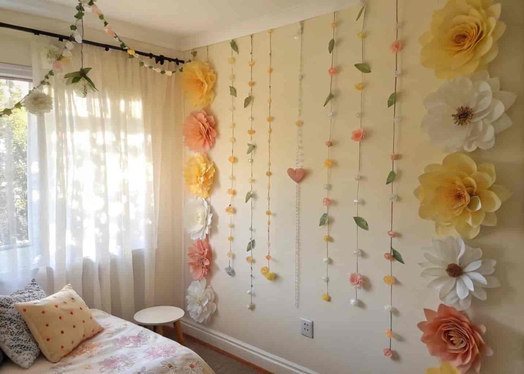 DIY tissue paper flower curtain in yellow and white tones hanging as bedroom wall decor.