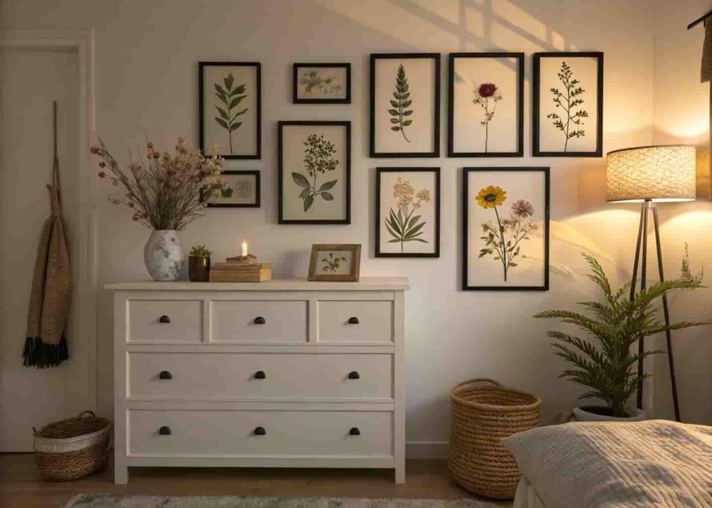 Pressed flower frame gallery wall with botanical specimens in black and white frames above a bedroom dresser.