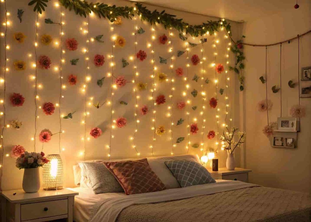 DIY flower fairy light backdrop with paper flowers and warm string lights decorating a bedroom wall at night.