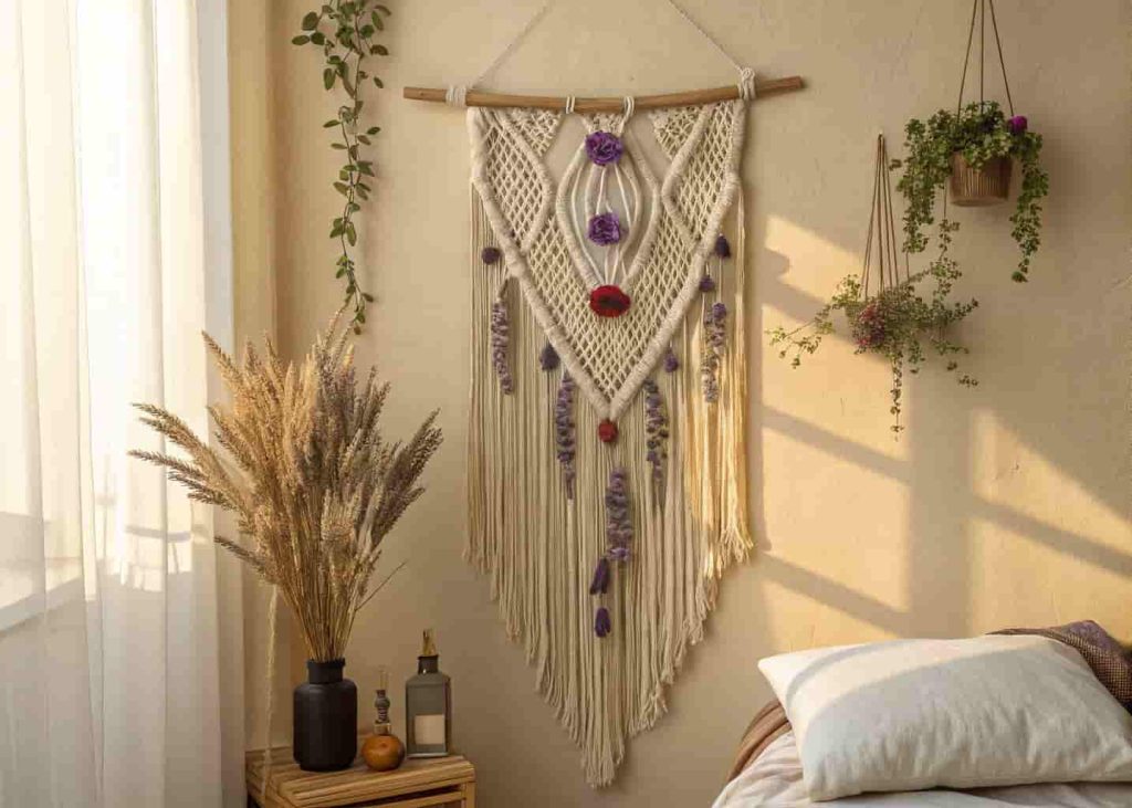DIY floral macrame wall hanging with dried lavender and pampas grass in a boho bedroom.