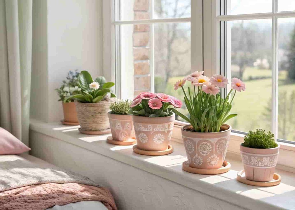 DIY painted terracotta pots with flowers displayed on a sunny bedroom windowsill.
