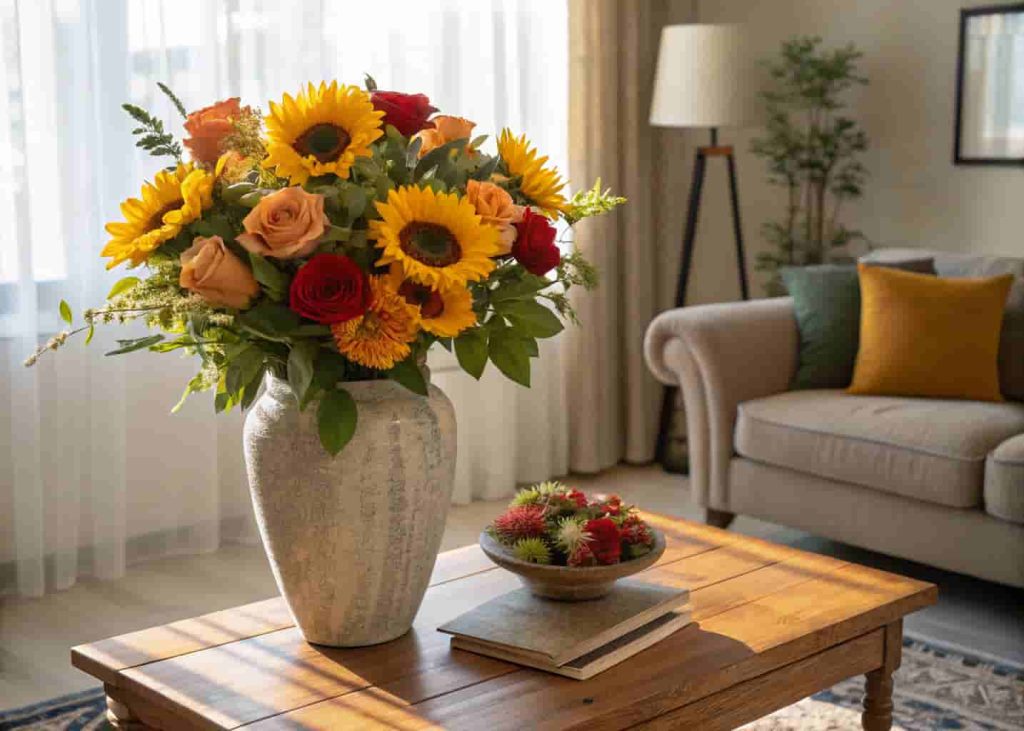 Fresh sunflowers and roses in a ceramic vase on a living room coffee table with warm natural lighting.