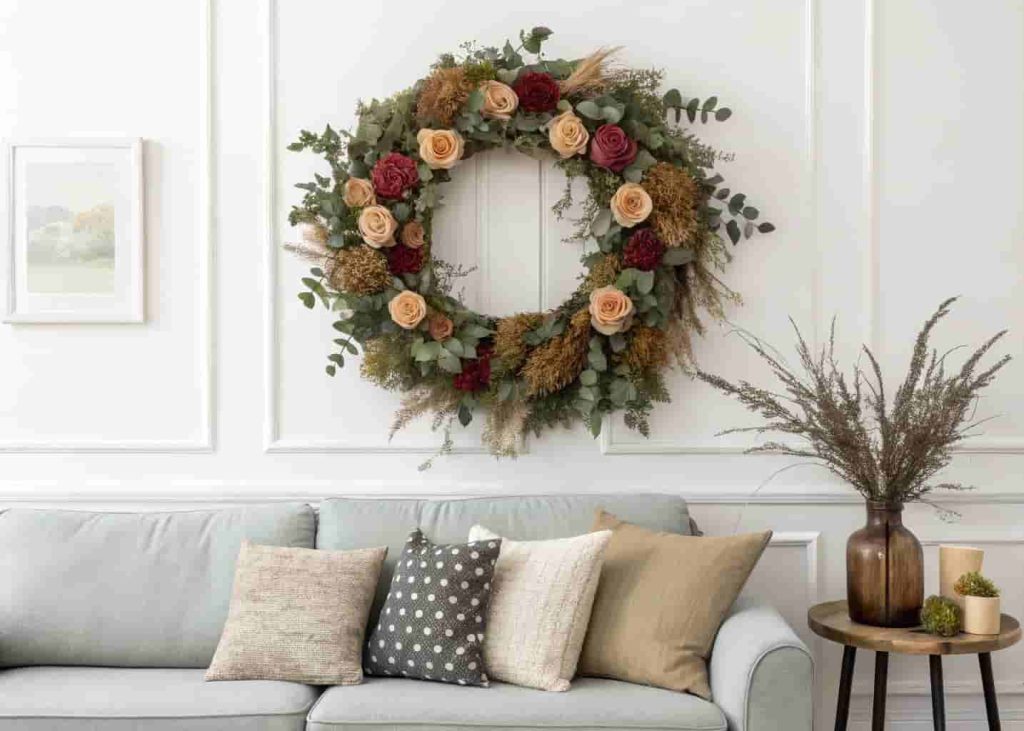 Dried eucalyptus and rose wreath hanging on a white living room wall above a grey sofa.