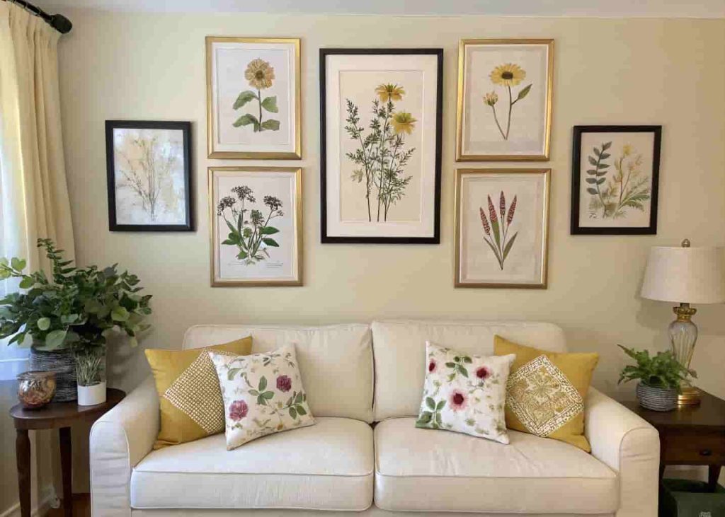 Floral gallery wall with botanical prints and watercolor paintings in gold and black frames above a cream sofa.