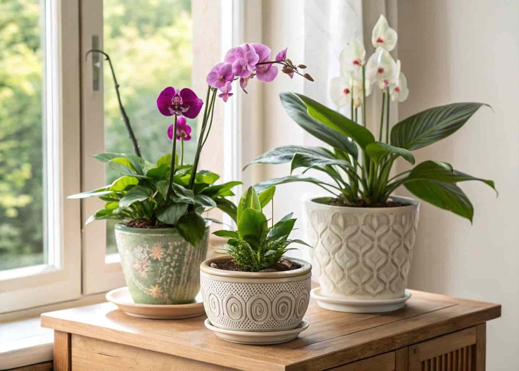 Three potted flowering plants in decorative ceramic pots grouped on a wooden side table near a sunlit window.