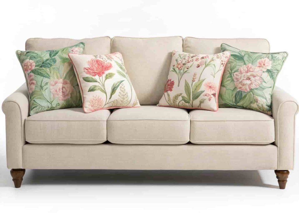Neutral sofa decorated with mixed floral print throw pillows in pink, green, and cream tones in a bright living room.