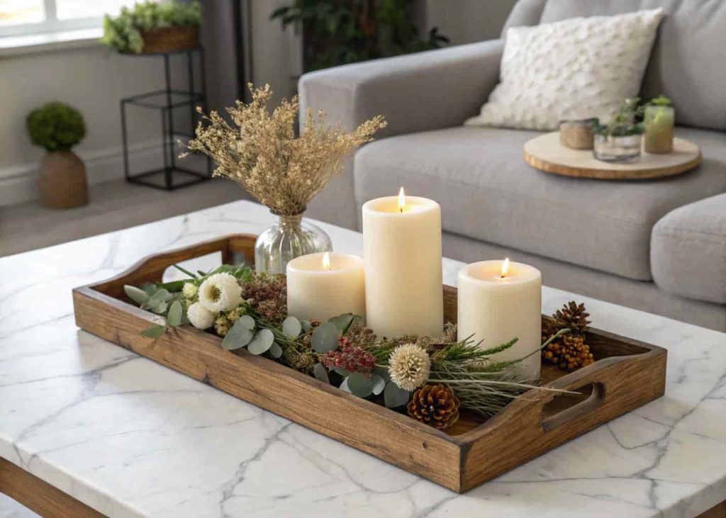 Wooden tray coffee table centerpiece with pillar candles, dried flowers, and greenery on a marble table.