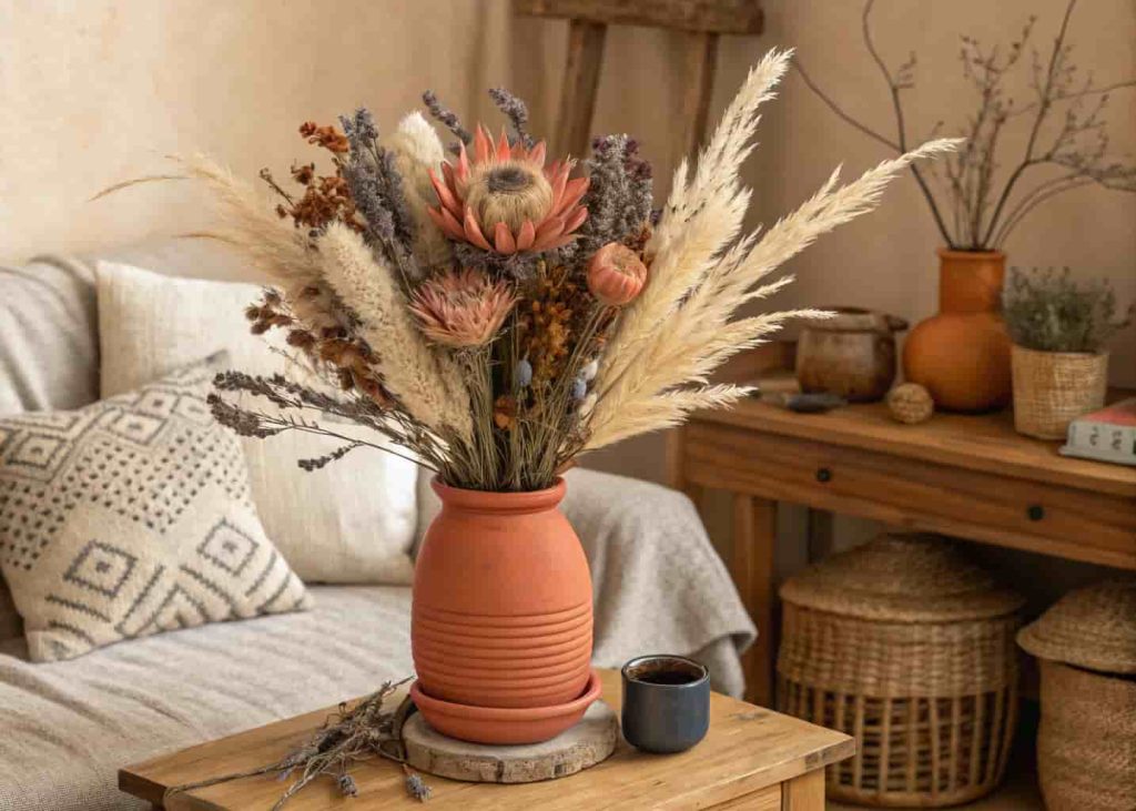 Large floral area rug in blush, cream, and green under a neutral sofa and coffee table in a bright living room.