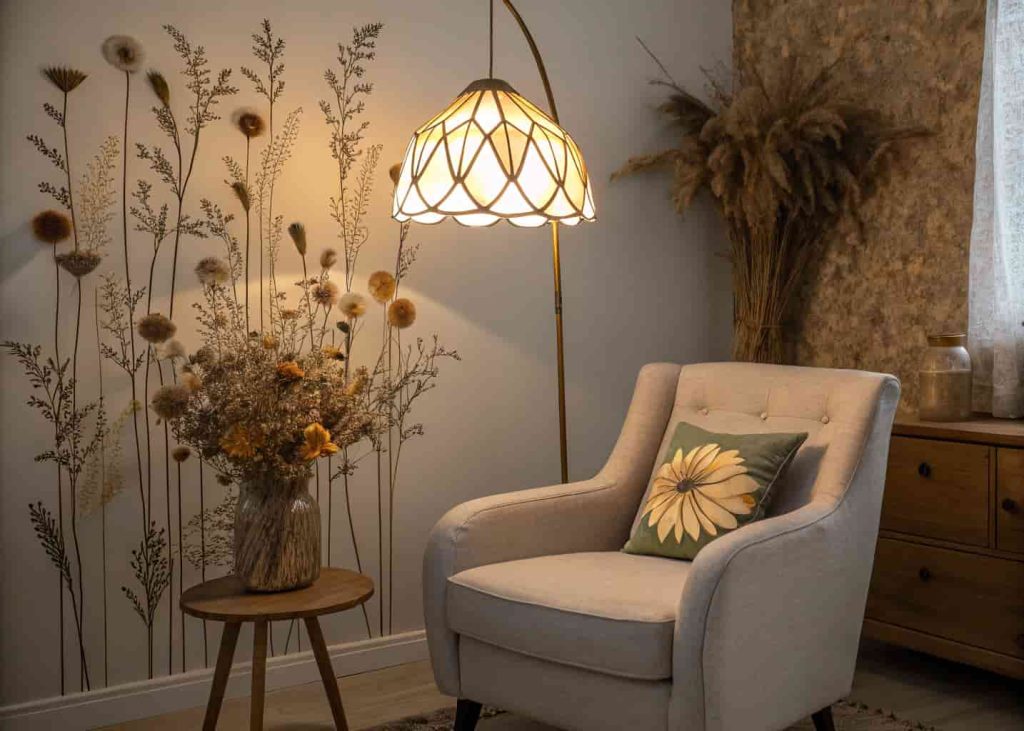 Flower-shaped pendant lamp glowing warmly above an armchair in a cozy living room corner with dried flower wall decor.