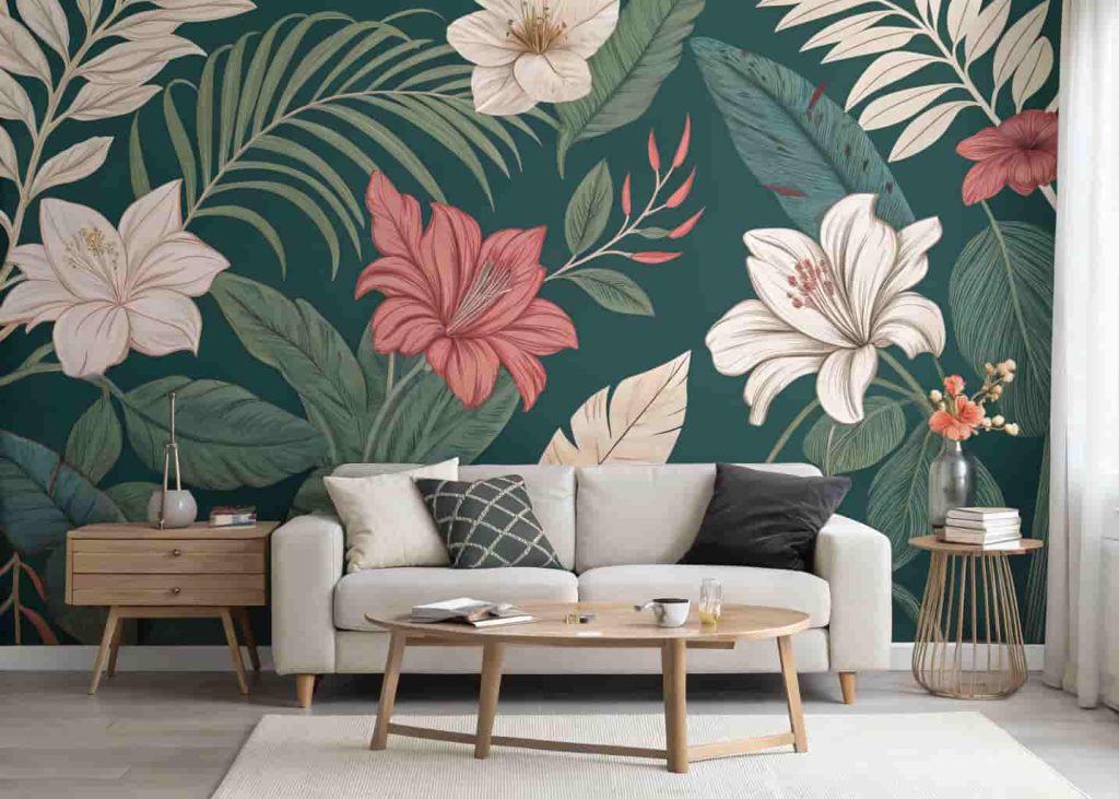 Bold floral wallpaper accent wall in deep green and blush behind a sofa in a stylish living room.