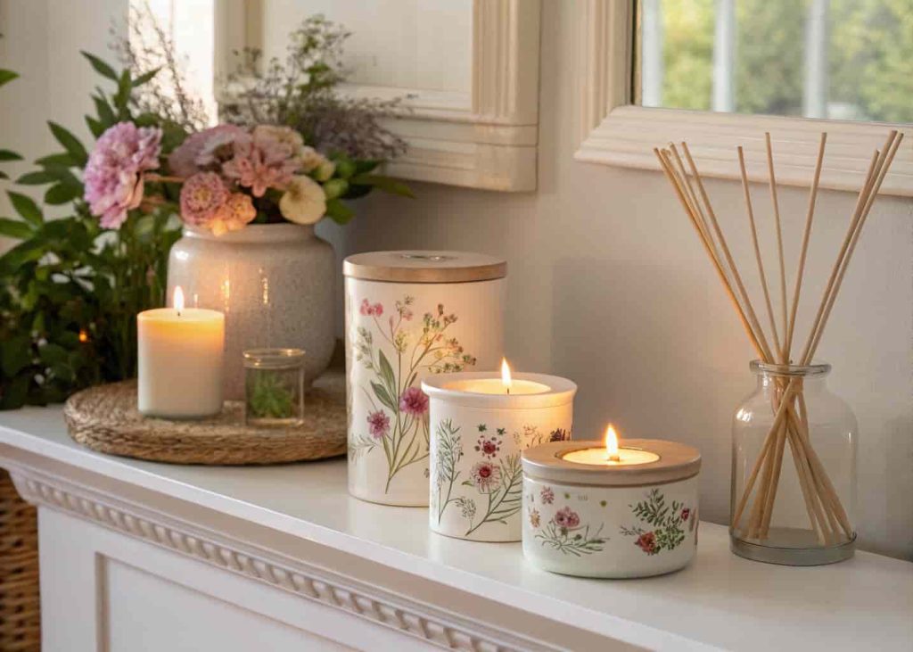 Decorative floral candles and reed diffuser with dried stems styled on a living room side table with soft warm lighting.