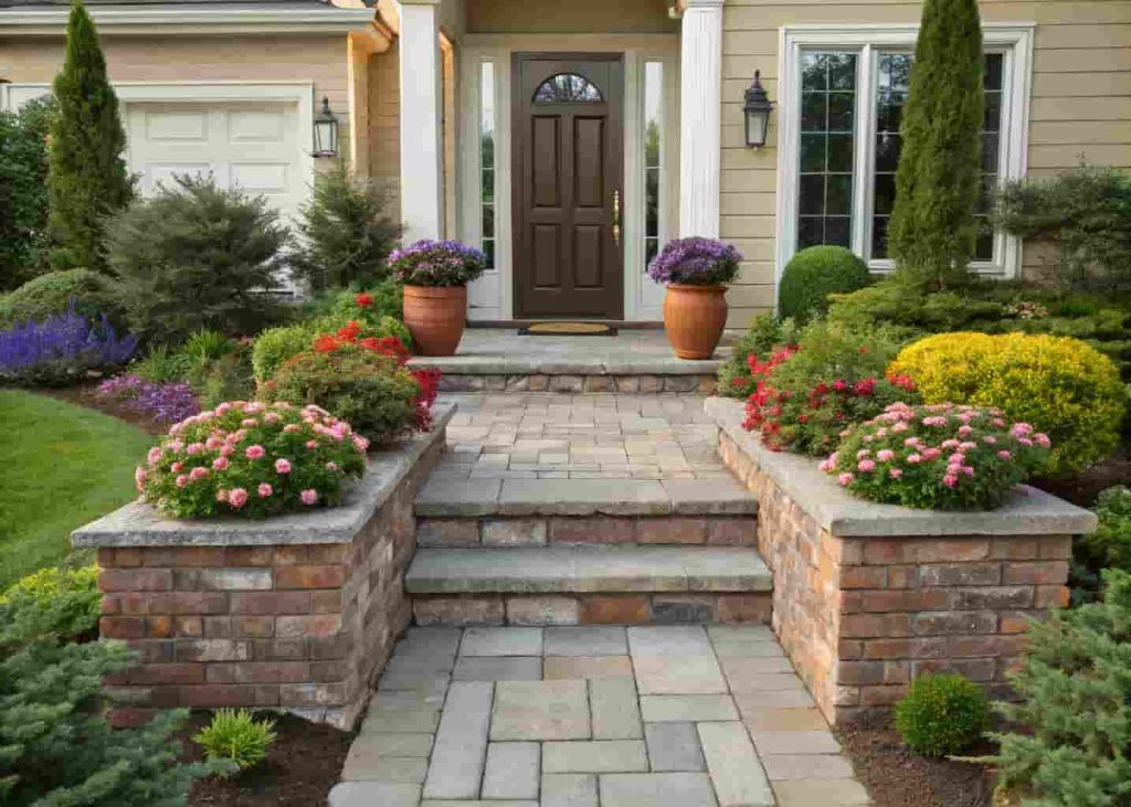 Stone front walkway with raised brick planter borders and colorful flower beds on both sides