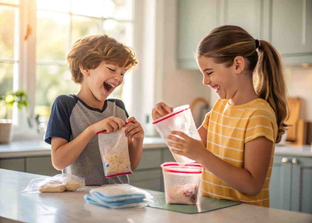 Kids making homemade ice cream in a bag as a summer activity