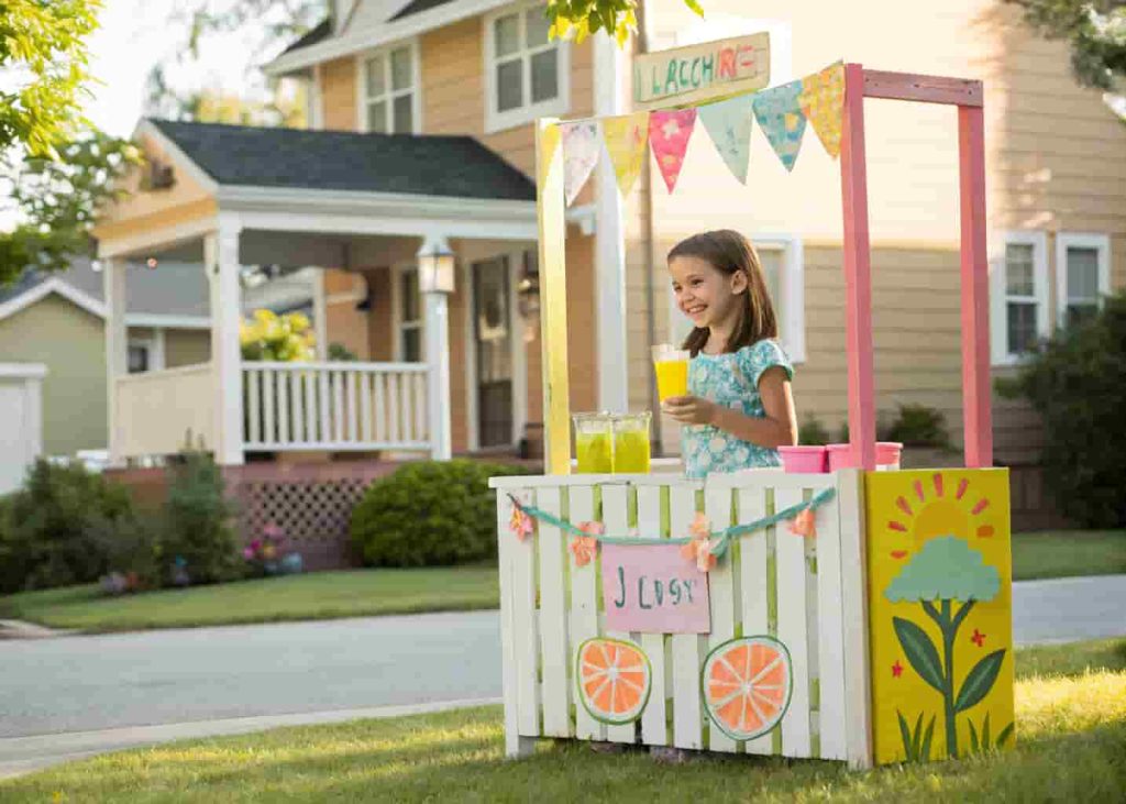 young girl running a homemade lemonade stand in front yard on a sunny summer day