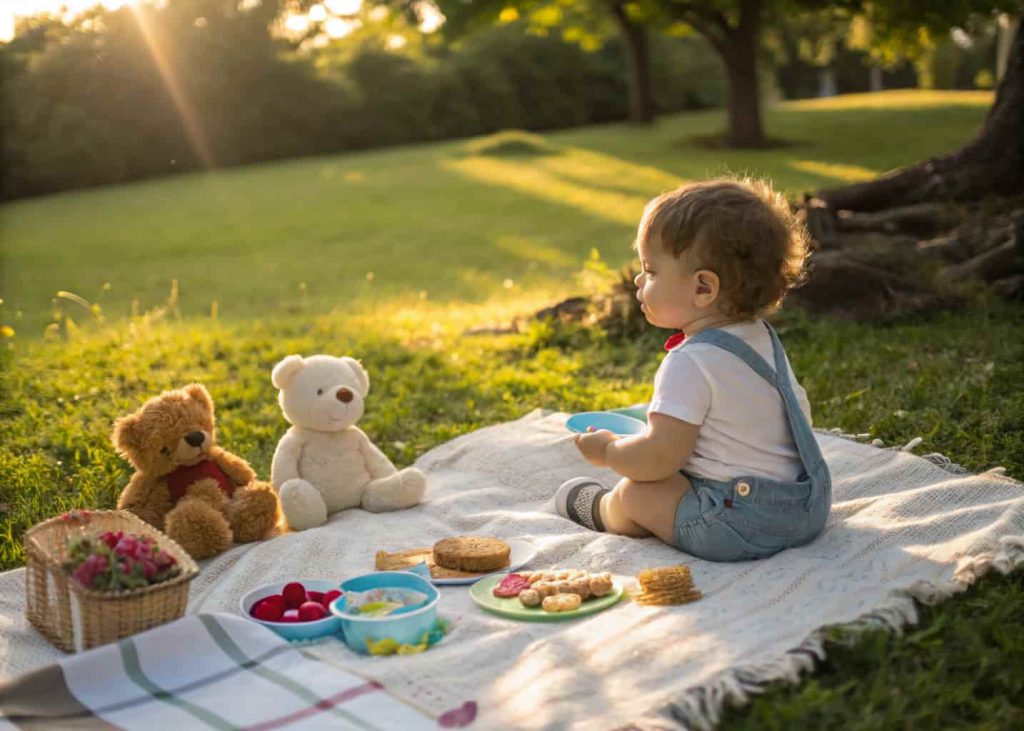 Toddler having a pretend picnic with stuffed animals in the backyard