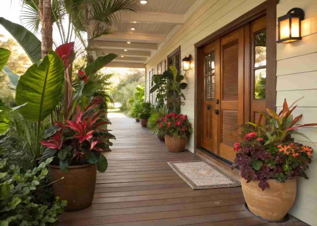Wooden front door walkway lined with large potted plants and seasonal flowers