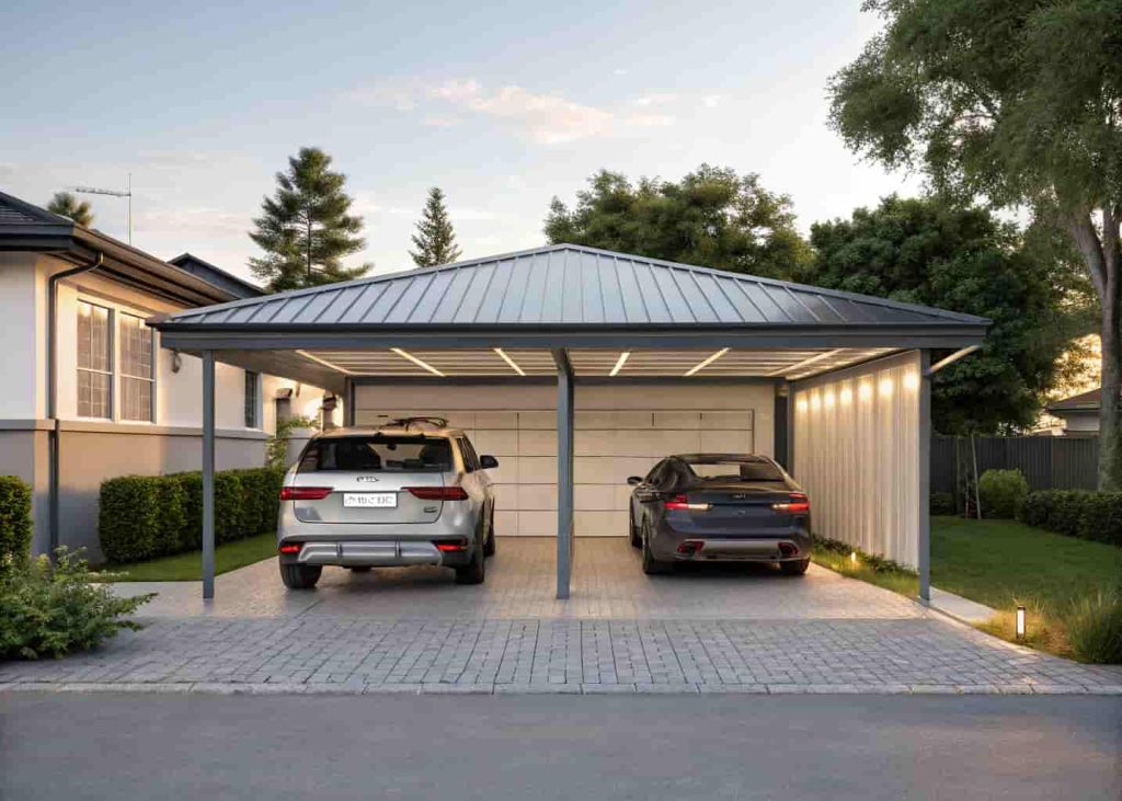 Double-wide carport covering two cars parked side by side on a driveway in front of a garage