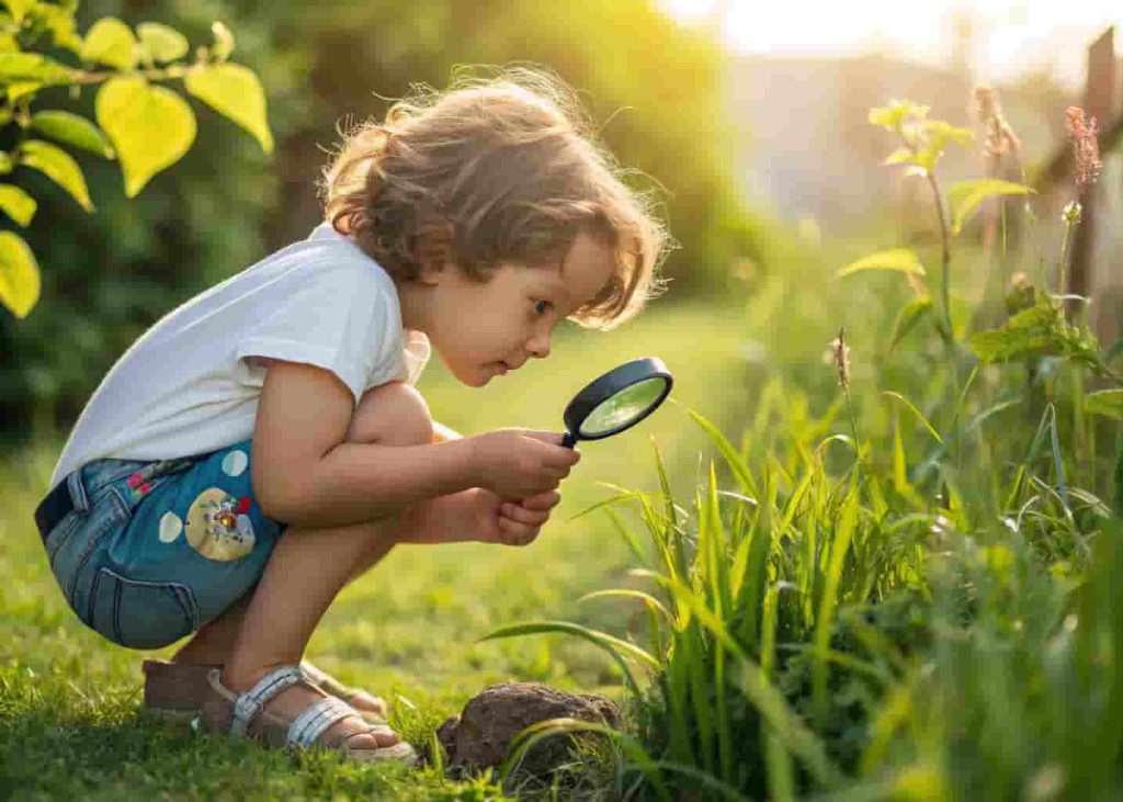 Child doing a backyard bug safari with magnifying glass in summer