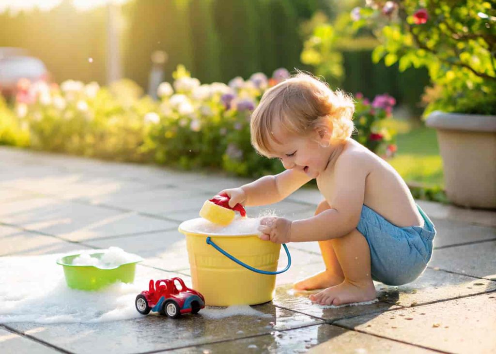 Toddler washing toy cars during a backyard summer activity