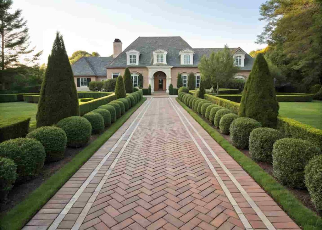 Herringbone brick front walkway with boxwood hedges and formal garden landscaping