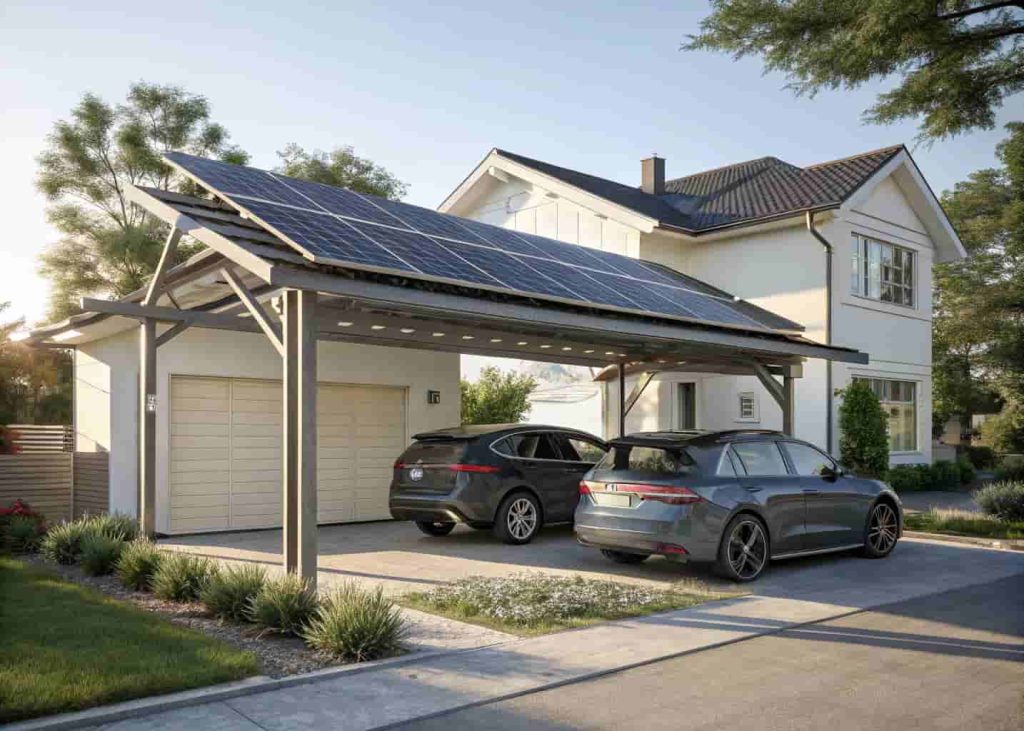 Solar panel carport installed in front of a residential garage providing covered parking and solar energy