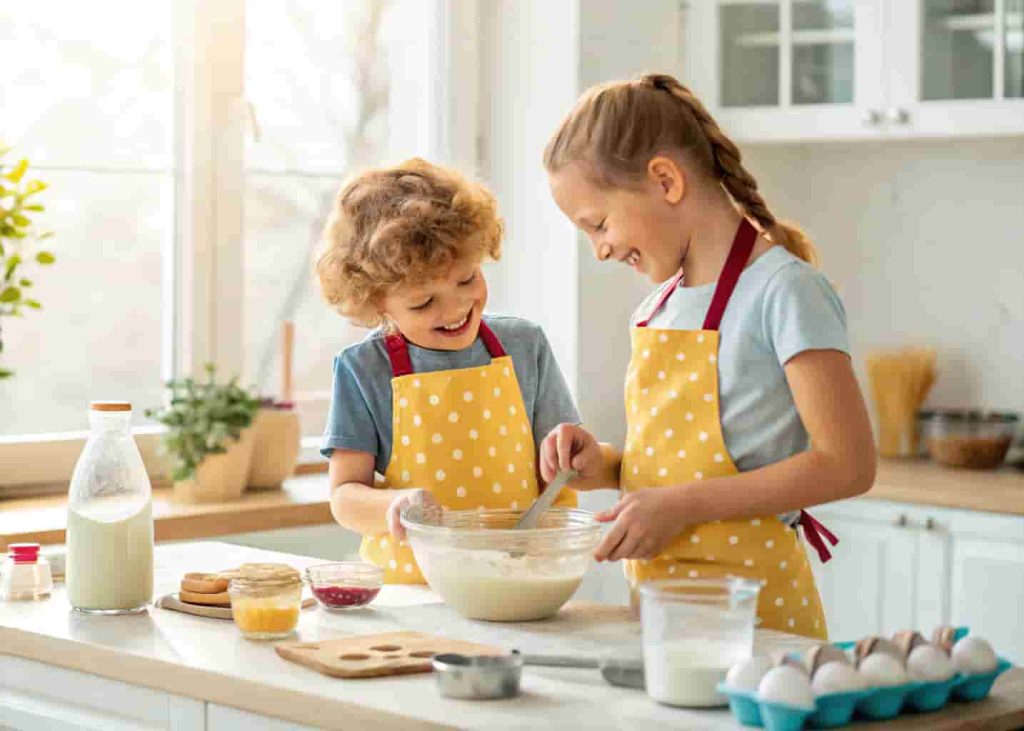 Kids doing a cooking challenge in the kitchen during summer break