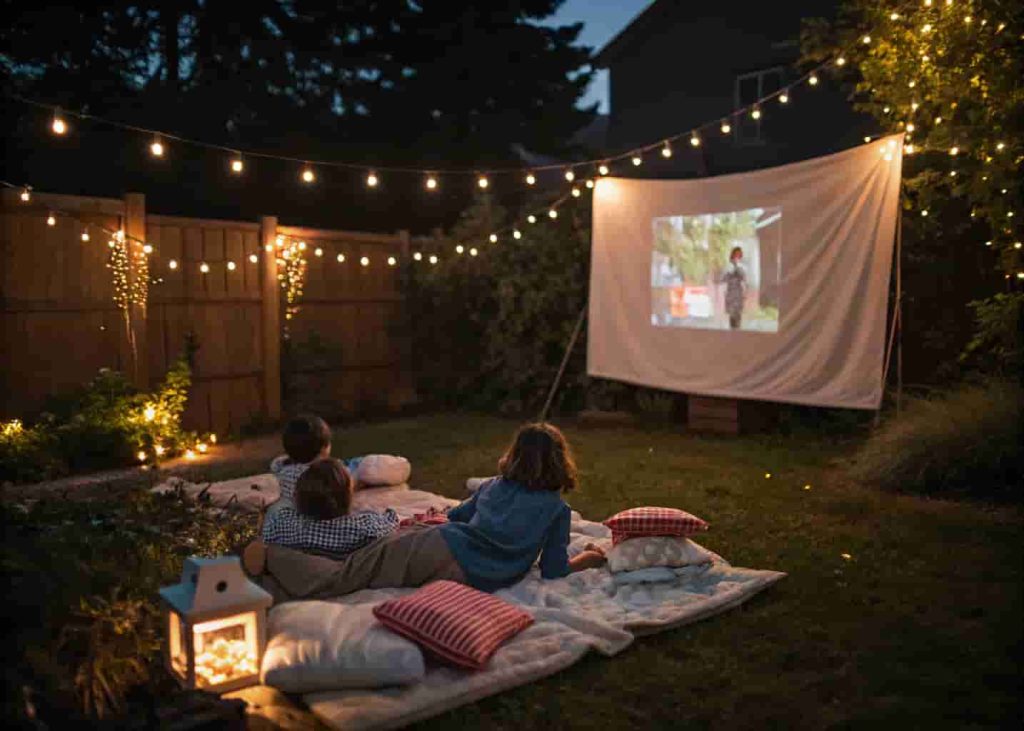 kids enjoying a backyard outdoor movie night under the stars with a projector and blankets