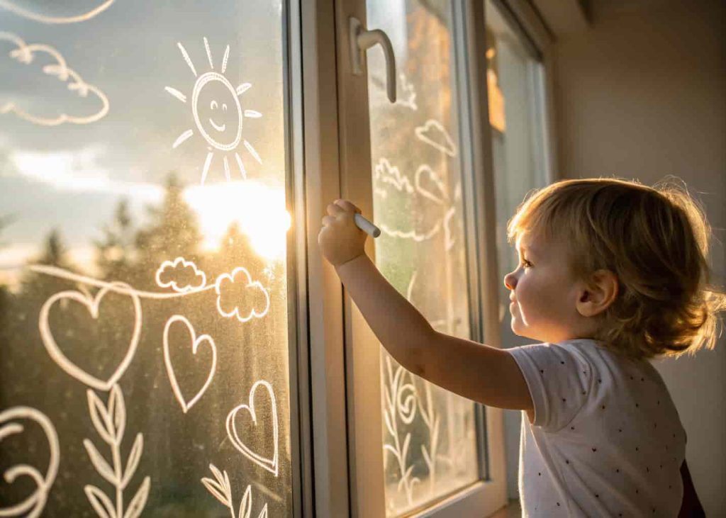 Photograph of a toddler's hand drawing shapes in white shaving cream spread on a glass window, sunlight streaming through